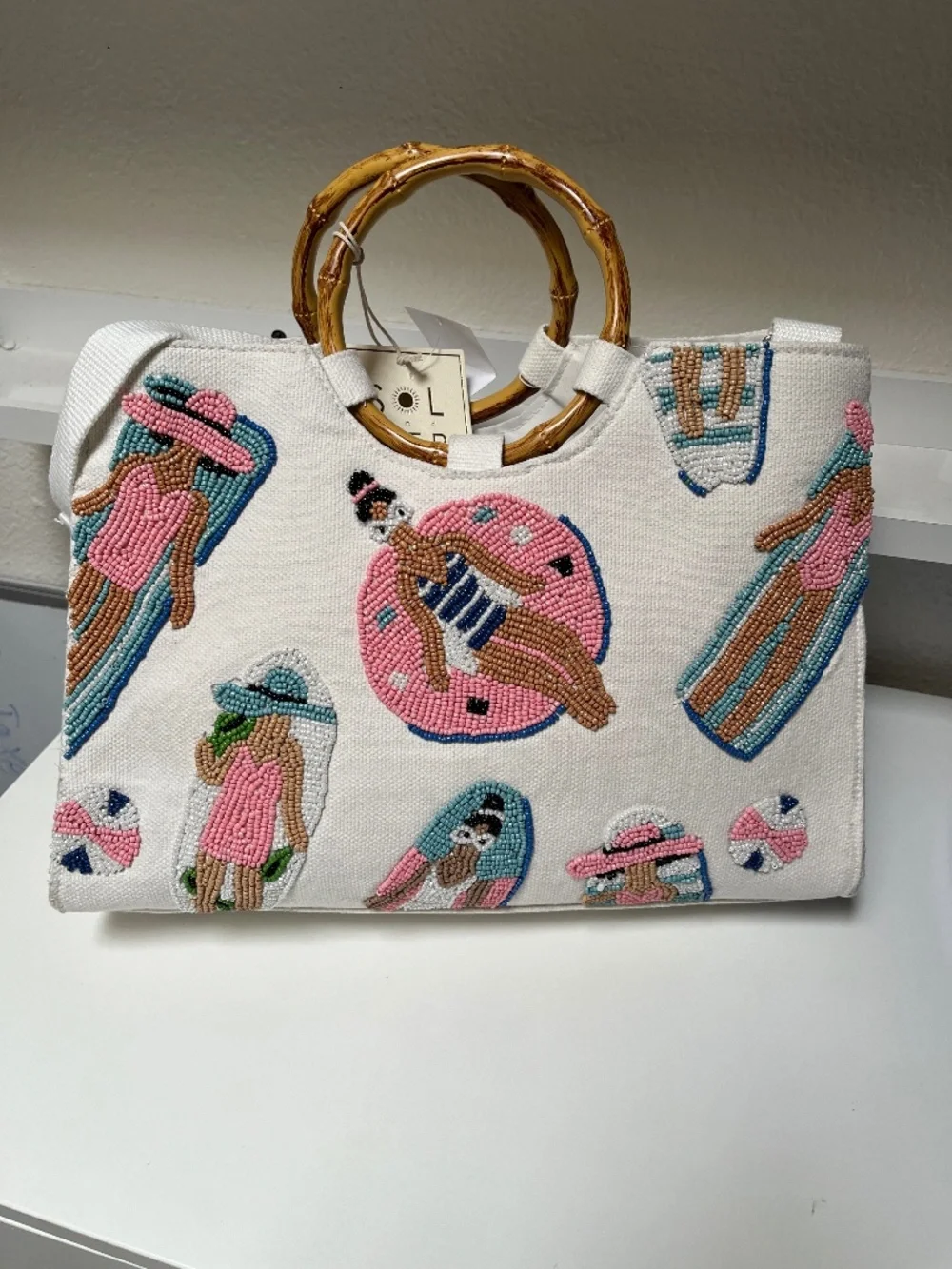 🌴 Sol and Mer Beaded Beach Sunbathers Tote – Bamboo Handles – NWT